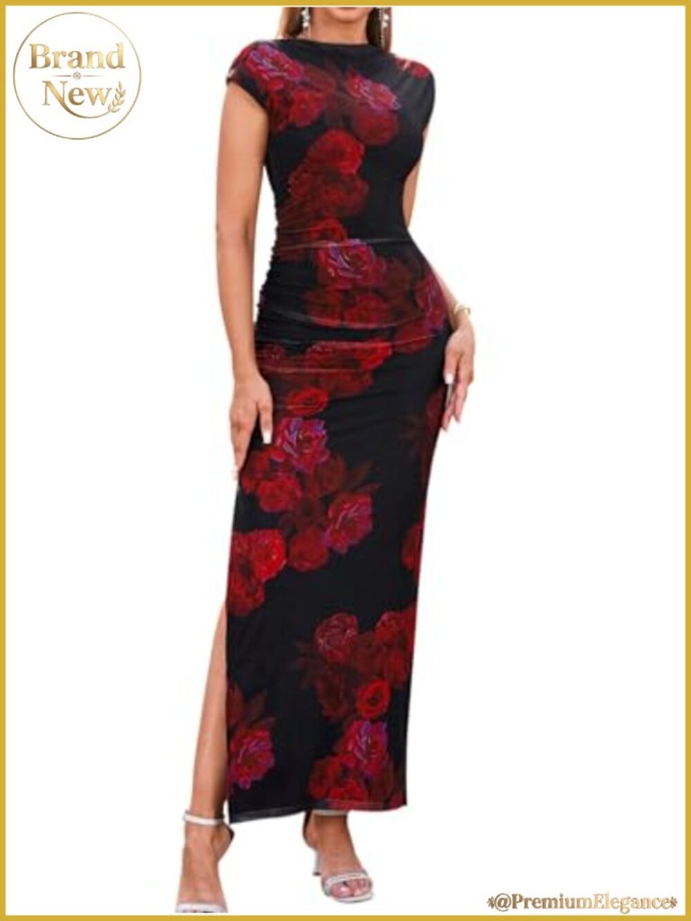 Women's Floral Maxi Dress Ruched Bodycon Mesh Wedding Guest